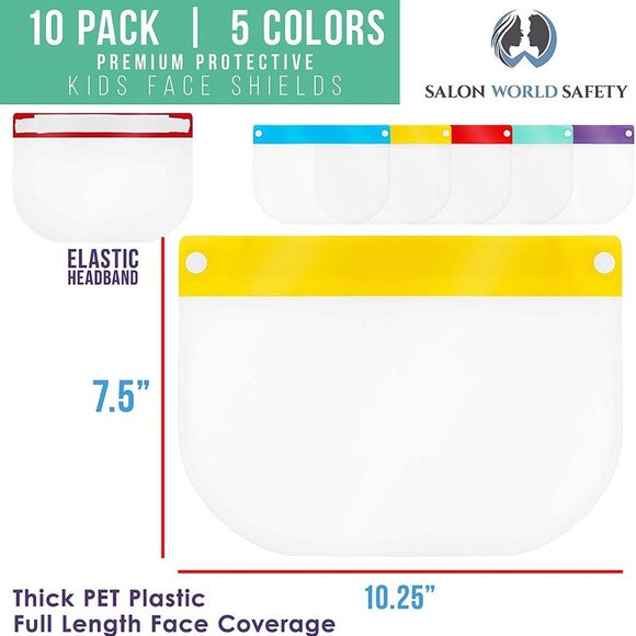 Safety Kids Face Shields (Pack of 10) - 5 Colors, 2 of Each - Clear Protective - Picture 2 of 3